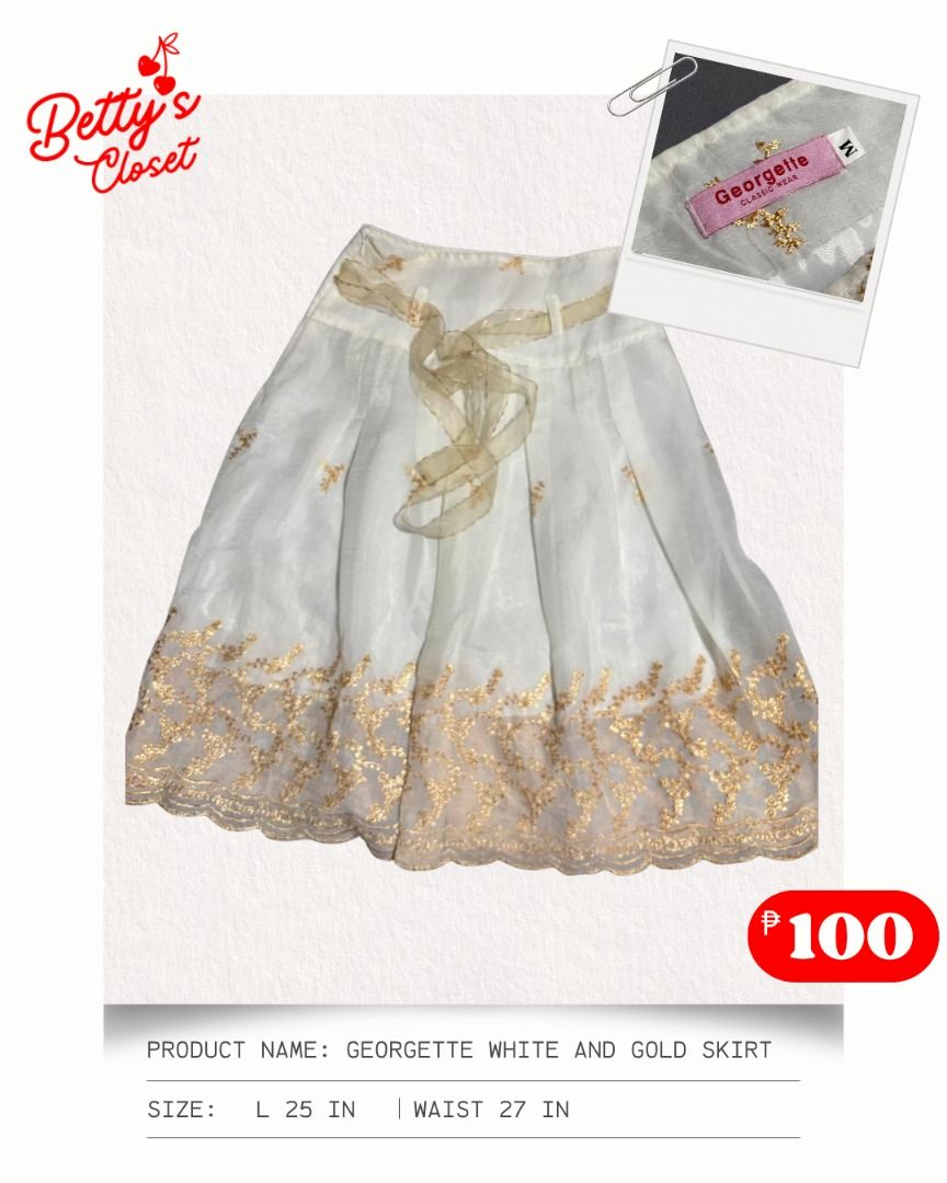Georgette White & Gold Skirt, Women's Fashion, Bottoms, Skirts on Carousell