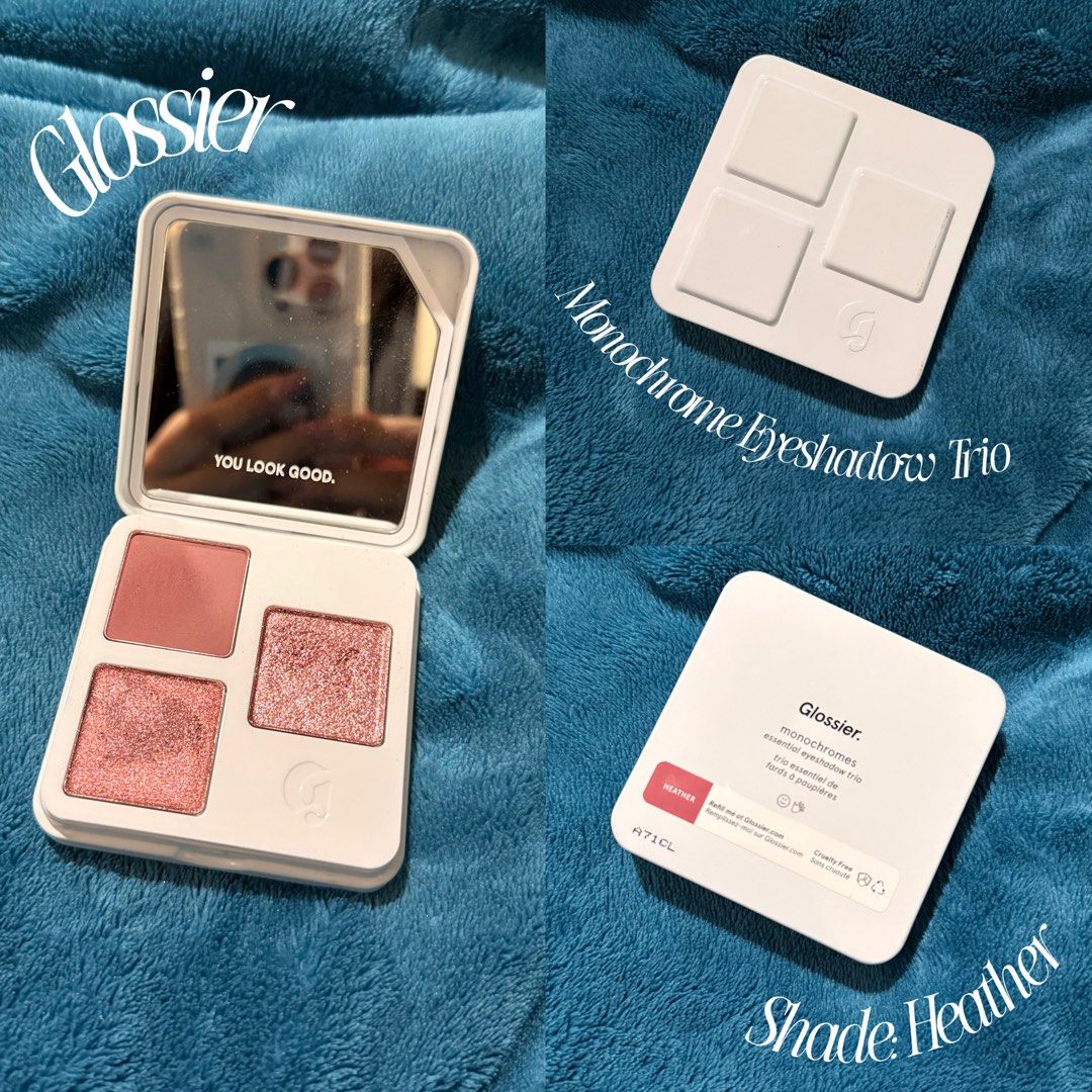 Glossier Monochrome Eyeshadow Trio in Heather (Category: Makeup) located in Cavite. Submitted by Ambericens (Listing ID 1459495938, Image 1). Description: - Glossier Monochrome Eyeshadow Trio in Heather shade - Includes 1 matte blush and 2 shimmery pink eyeshadows - Compact features a built-in mirror - Perfect for creating a monochromatic look - Refillable design - Cruelty-free product.