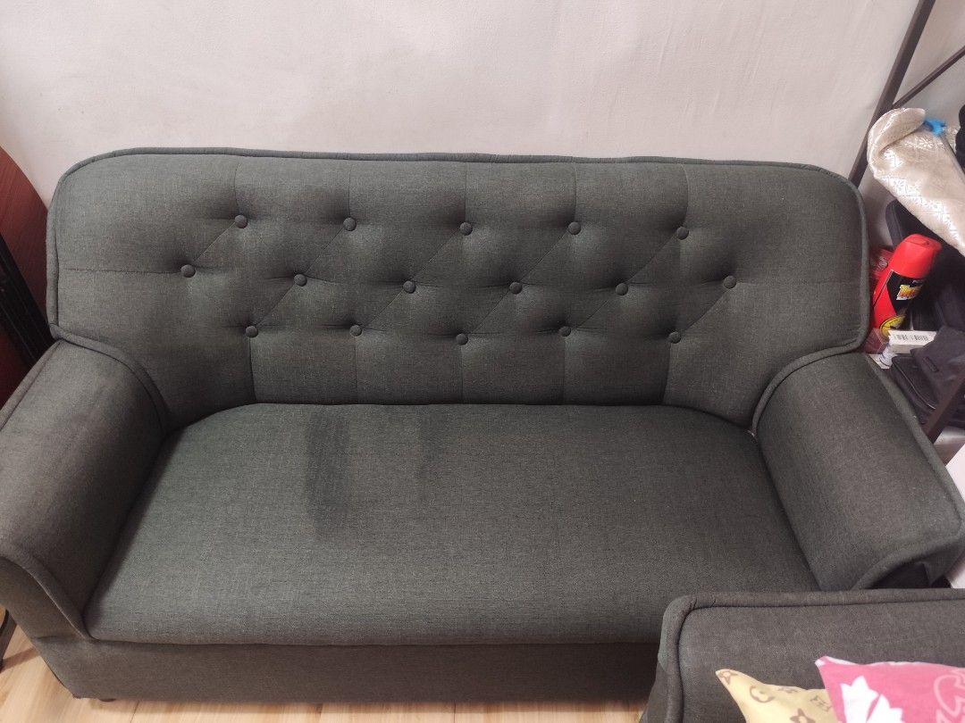 GREY COUCH 🛋️ (Category: Sofas) located in Manila. Submitted by _mykits (Listing ID 1459526509, Image 2). Description: 3 Seater - 1x 1 Seater - 2x Including sofa cover (dark grey color) No stain or any defects RFS: Lilipat ng bahay..