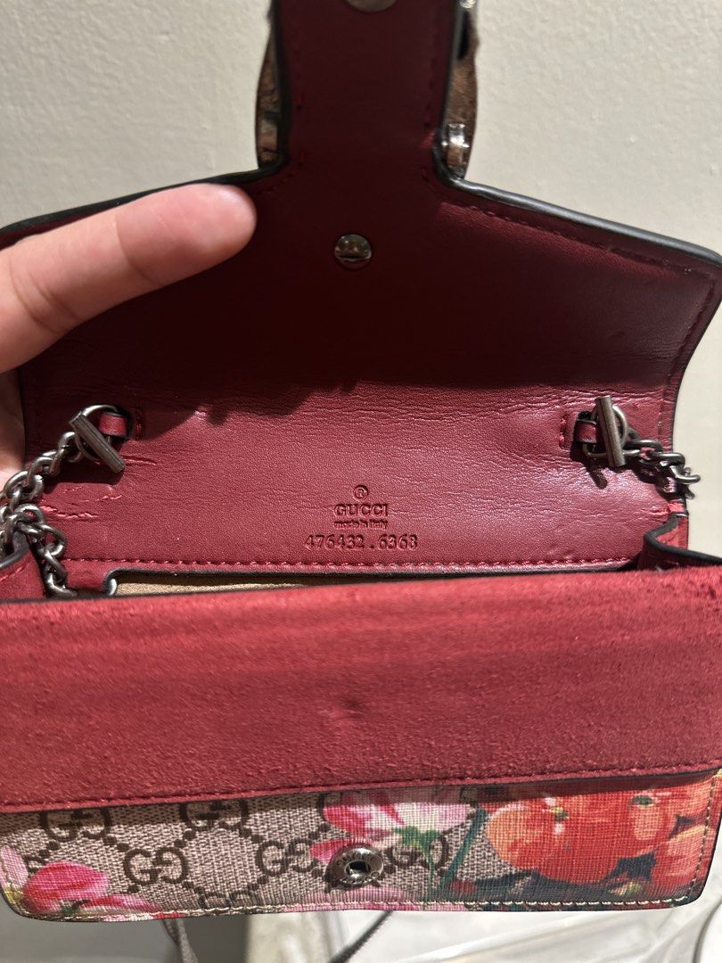 Gucci Dionysus Blooms Print (Category: Luxury Bags & Wallets) located in Batangas. Submitted by tidyandchic (Listing ID 1459555435, Image 3). Description: Exterior is still in very good condition with no noticeable flaws. Interior is clean and well-maintained. ⚠️ Please note: there is a crack on the side/interior area, as shown in the photos. This is reflected in the price. Still a beautiful and very usable piece. Selling as-is, so please check a