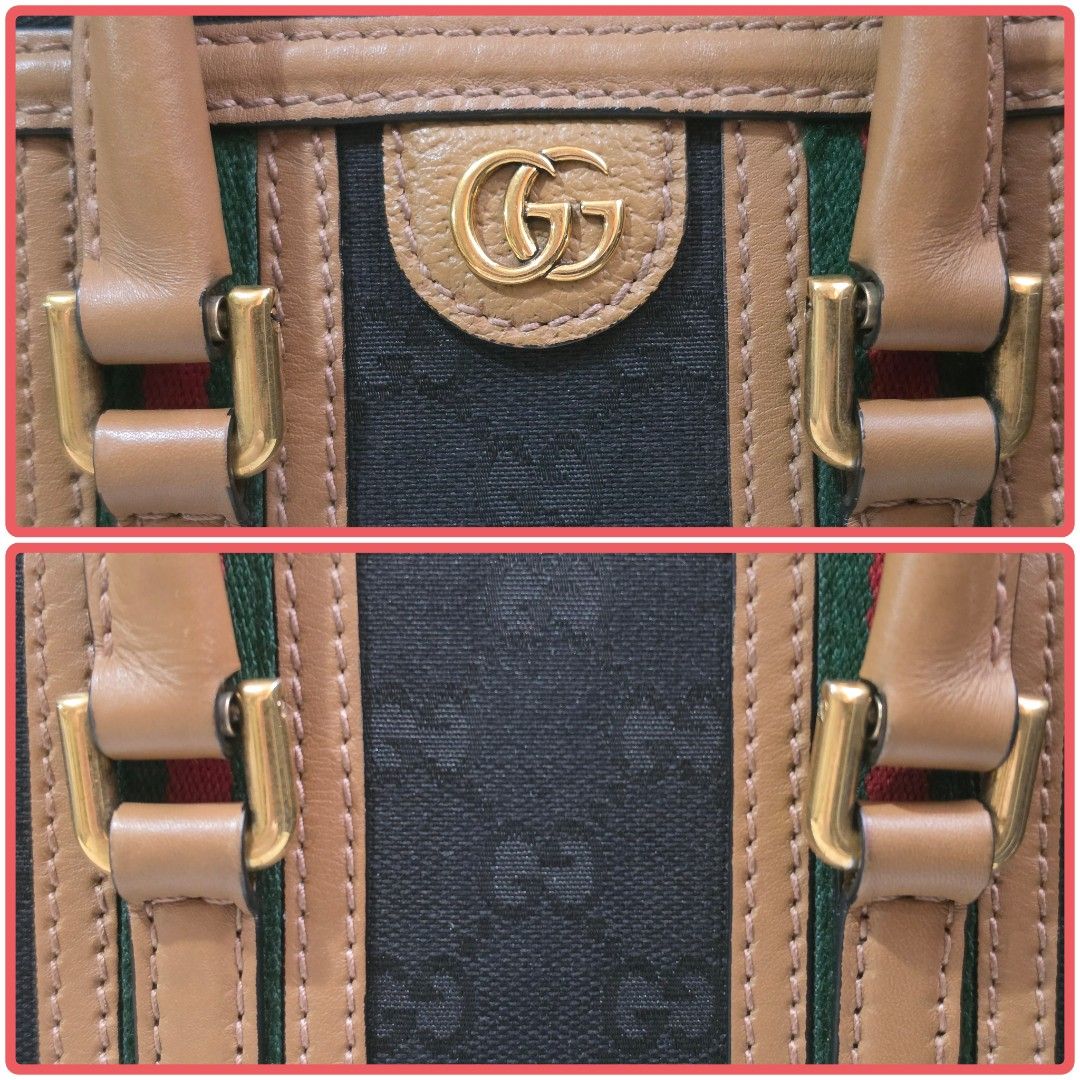 Gucci Mini Bauletto Top Handle Bag (Category: Luxury Bags & Wallets) located in Cavite. Submitted by kazi_preloved (Listing ID 1459548474, Image 3). Description: - 100% Authentic Gucci mini duffle bag - Iconic GG Supreme canvas with brown leather trim - Signature green and red web stripe - Detachable adjustable guitar strap and top handles - Gold-toned hardware - with dustbag.