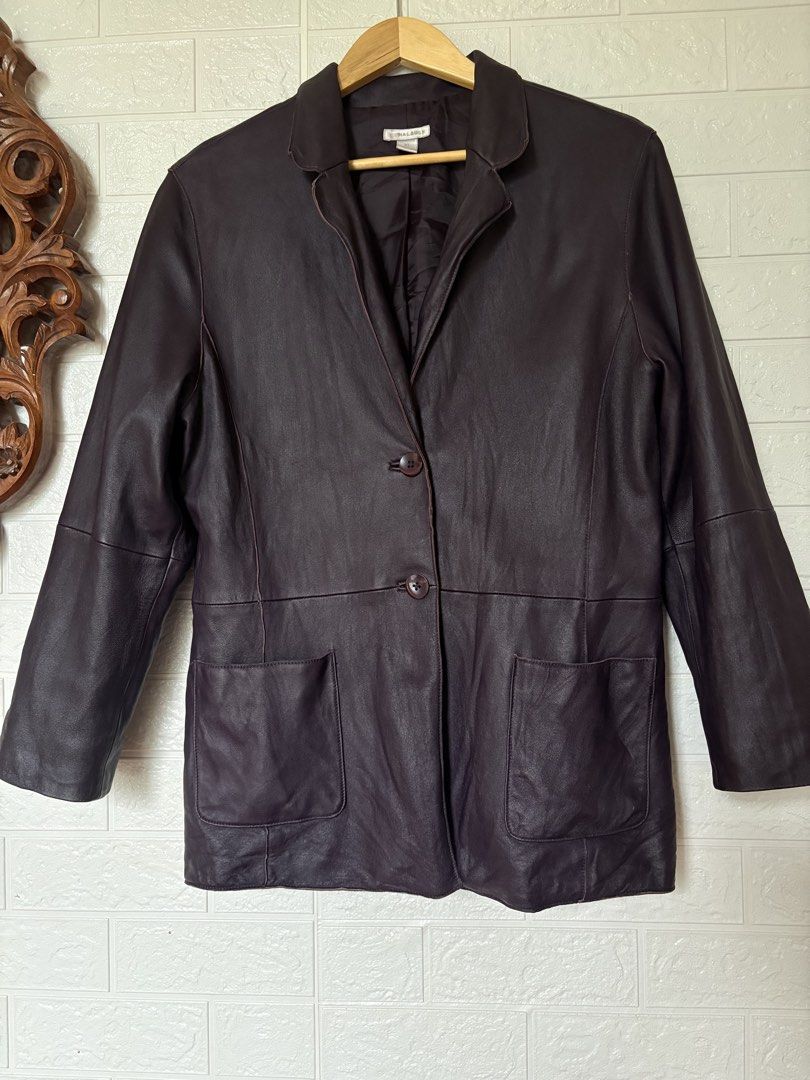 Halogen Women's Leather Jacket (Category: Coats, Jackets and Outerwear) located in Batangas. Submitted by purple_and_orange (Listing ID 1459535864, Image 1). Description: - Brand: Halogen - Color: Deep Purple - Style: Leather Blazer - Closure: Two-button front - Pockets: Two front pockets - Interior: Fully lined - Versatility: Perfect for dressing up or down.