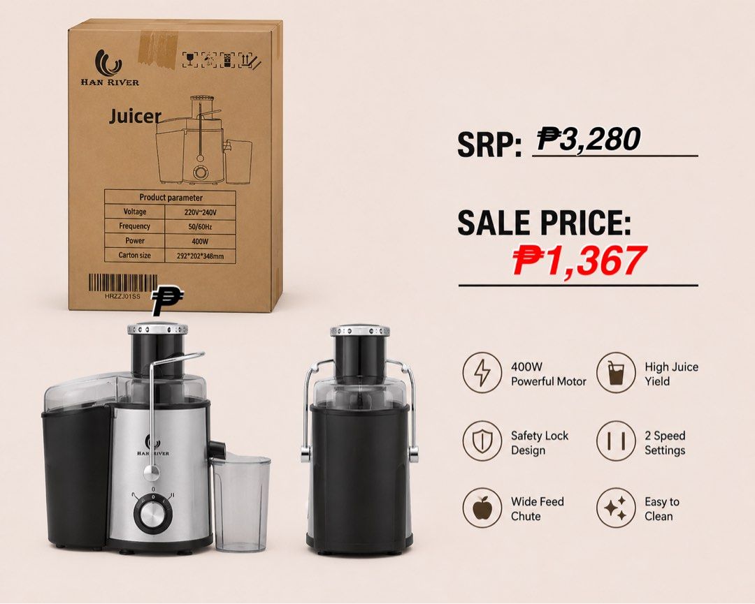 Han River Juicer (RUSH SALE) (Category: Juicers, Blenders & Grinders) located in Makati City. Submitted by TZ.Collections (Listing ID 1459683644, Image 1). Description: 📍Salcedo, Makati - BRAND-NEW - LALAMOVE, MEET UP, SHIPPING via LBC, J&T. - FREE SHIPPING AROUND MAKATI - DON’T BE BARAT PO. Key Features: * 🍎 Large feeding chute – accommodates larger pieces of fruits and vegetables, reducing preparation time. * 🥤 Automatic juice and pulp separ