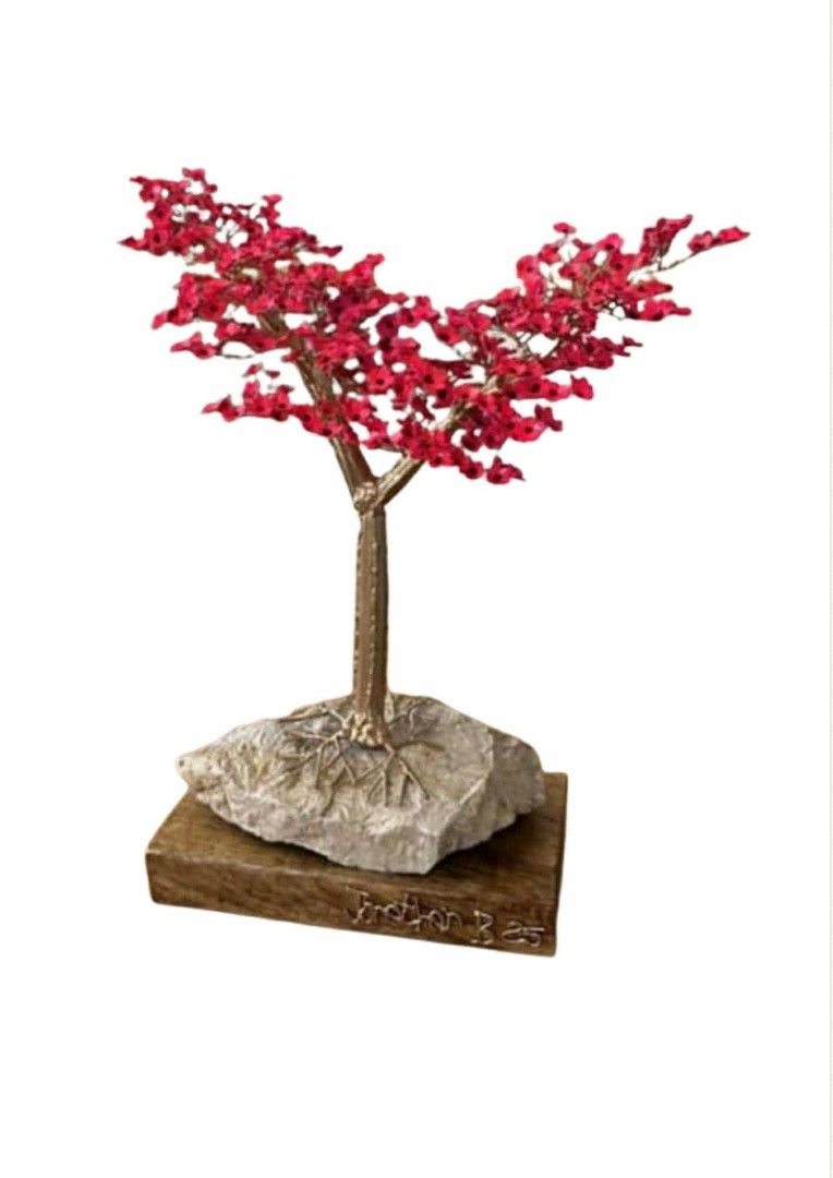 Handmade Wire Tree Sculpture with Red Flowers on Stone Base (Category: Other Home Decor) located in Malabon City. Submitted by jonathanba91131 (Listing ID 1459495209, Image 1). Description: cherry blossom JB artworks brass sculpture if you interested just dm .