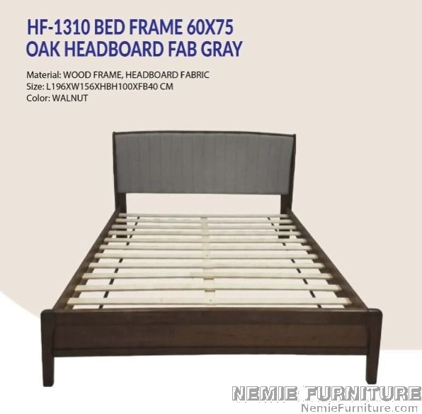 HF-1310 bed frame queen size (Category: Bed Frames & Mattresses) located in Quezon City. Submitted by nemiefurniture (Listing ID 1459543482, Image 1). Description: - Sturdy and stylish bed frame - Walnut wood frame - Gray fabric headboard - Size: L196 x W156 x H100 cm - Ideal for any bedroom https://nemiefurniture.com Prices negotiable .
