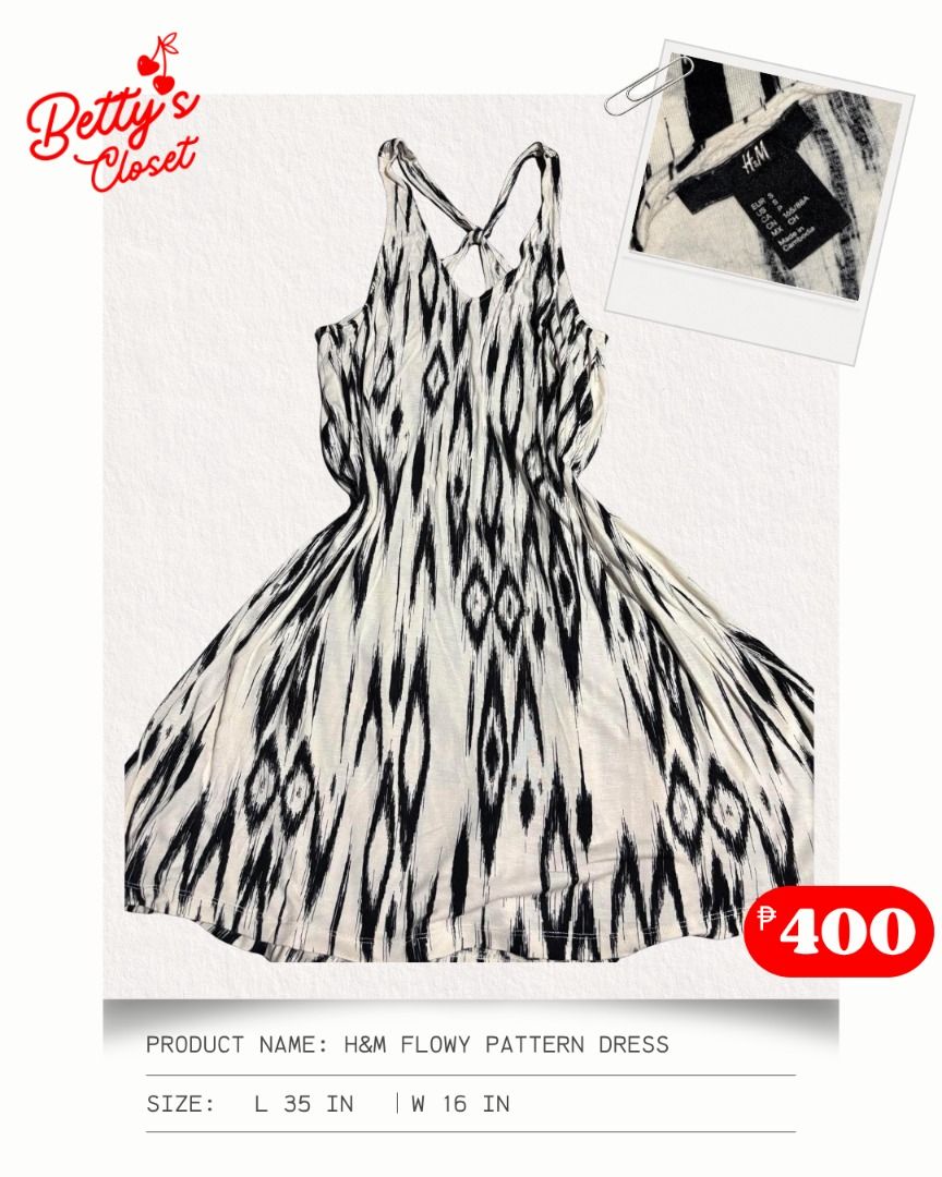 H&M Flowy Pattern Dress (Category: Dresses) located in Manila. Submitted by bettys.closet (Listing ID 1459569751, Image 1). Description: BETTY’S CLOSET 🧺💕 W 16 IN L 35 IN NO ISSUE 📍 Location: Quezon City 💸 MOP: GCash / MariBank 🚚 Courier: Lalamove / J&T Please check the size and measurements posted in each item before claiming. Colors may slightly vary depending on the lighting and your screen..