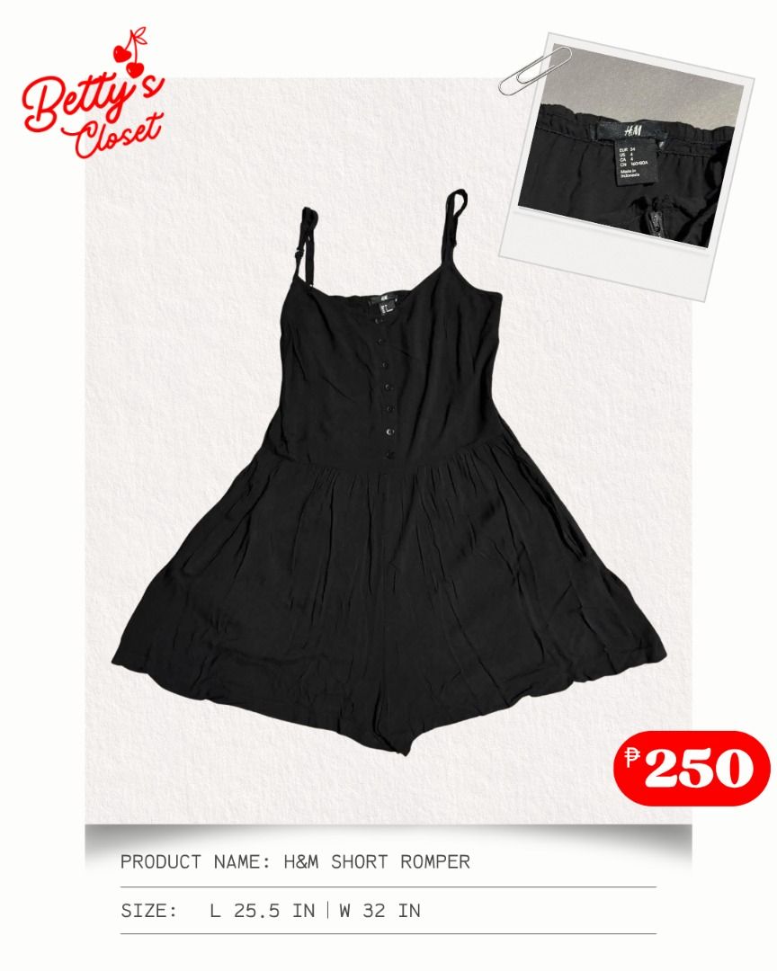 H&M Short Romper (Category: Rompers) located in Manila. Submitted by bettys.closet (Listing ID 1459568332, Image 1). Description: BETTY’S CLOSET 🧺💕 W 32 IN L 25.5 NO ISSUE 📍 Location: Quezon City 💸 MOP: GCash / MariBank 🚚 Courier: Lalamove / J&T Please check the size and measurements posted in each item before claiming. Colors may slightly vary depending on the lighting and your screen..