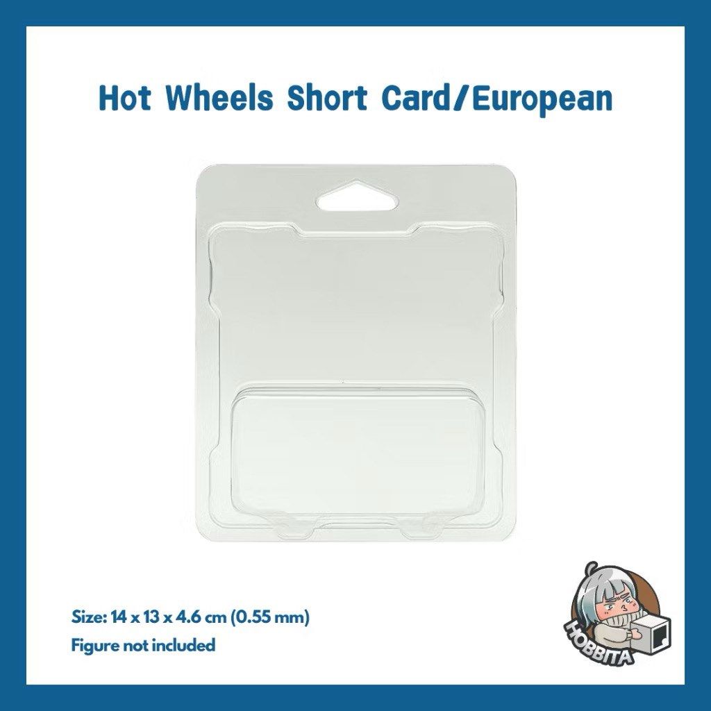 Hot Wheels Short Card Protector (Category: Vehicle & Diecast Models) located in San Pedro. Submitted by hobbitaph (Listing ID 1459609767, Image 1). Description: - Hot Wheels Short Card / European Blister Pack - Packaging ONLY (figure not included) - Ideal for displaying your Hot Wheels collection - Dimensions: 14 x 13 x 4.6 cm (0.55 mm thickness).