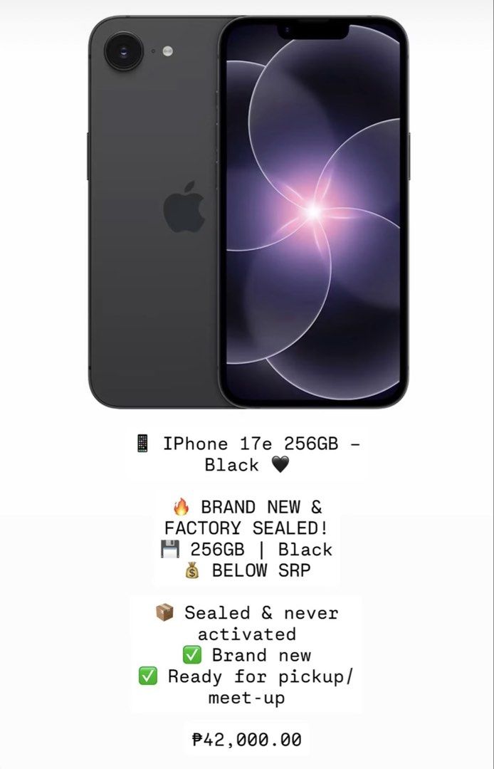 iPhone 17e 256GB Black Brand New (Category: iPhone 17 Series) located in Quezon City. Submitted by the_couture_shop (Listing ID 1459569119, Image 1). Description: BRAND NEW iPhone 17e All Black 256GB Cash/GCASH .