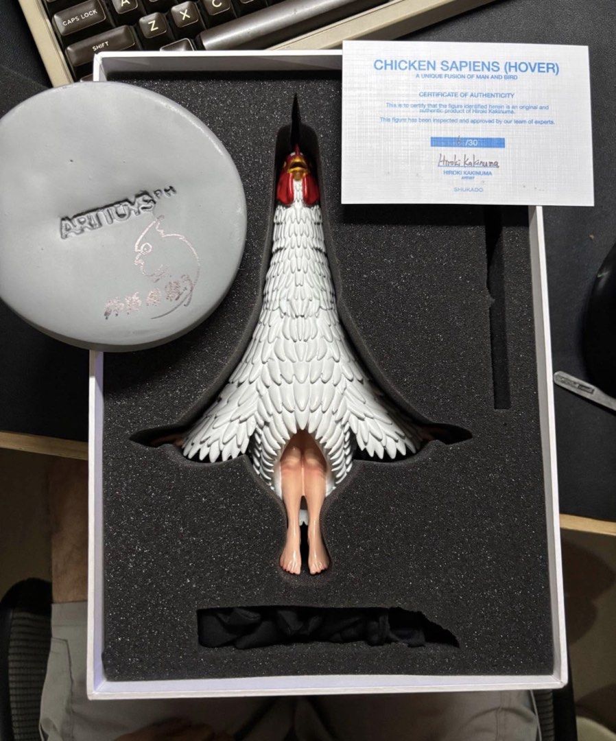 Japanese Art toy (Category: Figurines & Statues) located in Bulacan. Submitted by judgew (Listing ID 1459641937, Image 1). Description: Title: Chicken Sapiens (hover) – A Unique Fusion of Man and Bird Artist: Hiroki Kakinuma Medium: Acrylic on Resin Size: H30.7 x W14.3 x D11.7 cm Year: 2026 original price:20k selling it for 10,000 Limited Edition: 6/30 Condition: No visible flaws Displayed Only RFS: need funds.