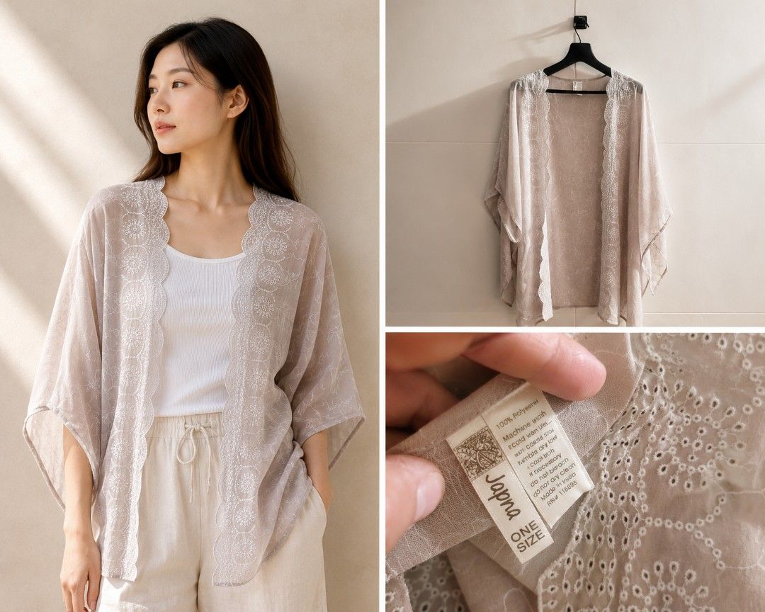 Japna Eyelet Kimono. NEW (Category: Others Tops) located in Los Banos. Submitted by lopecruz (Listing ID 1458571937, Image 1). Description: Aut like new one size(M to XL).
