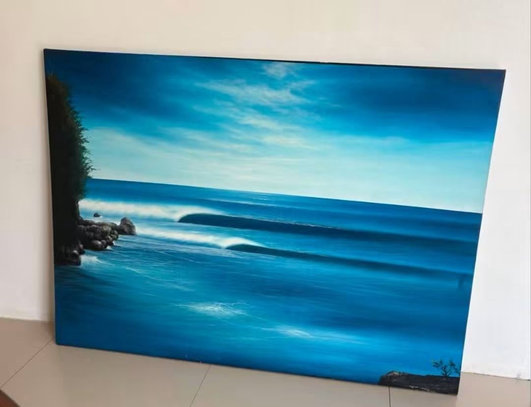 Ketut Gumerta Painting (Category: Wall Decor) located in Muntinlupa City. Submitted by chababy17 (Listing ID 1459523417, Image 1). Description: Original Painting — Ketut Gumerta '08 | 30" × 50" ✅ Signed seascape — large statement piece ⚠️ Has age-related paint crackling + minor edge chips — see pics ✅ Back has age stains — front beautiful & intact ✅ Ready to hang — complete with hanging rope 📍 Alabang Muntilupa City.