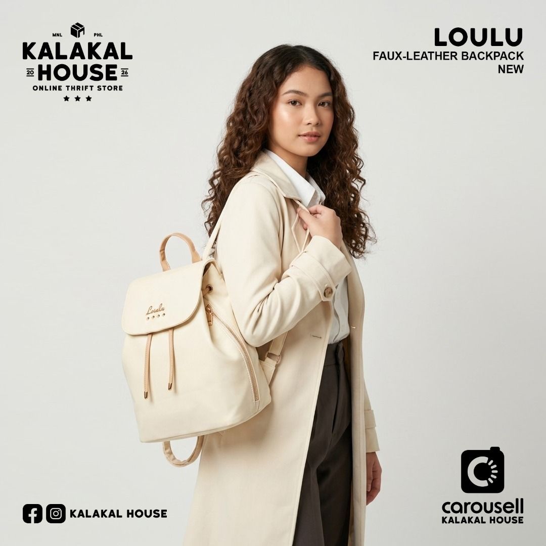 Loulu Faux-Leather Backpack (Category: Backpacks) located in Manila. Submitted by kalakalhouse (Listing ID 1459617462, Image 1). Description: LOULO FAUX-LEATHER BACKPACK SIZE: Side by side comparison with NEW ERA cap. Please see photo. CONDITION: New PRICE: ₱690.00 MEETUP: Sampaloc, Manila DELIVERY: J&T • Lalamove ISSUE: N/A NOTE 1: The background/environment and lighting in the first photo have been AI-generated or enhanced for presentation purp