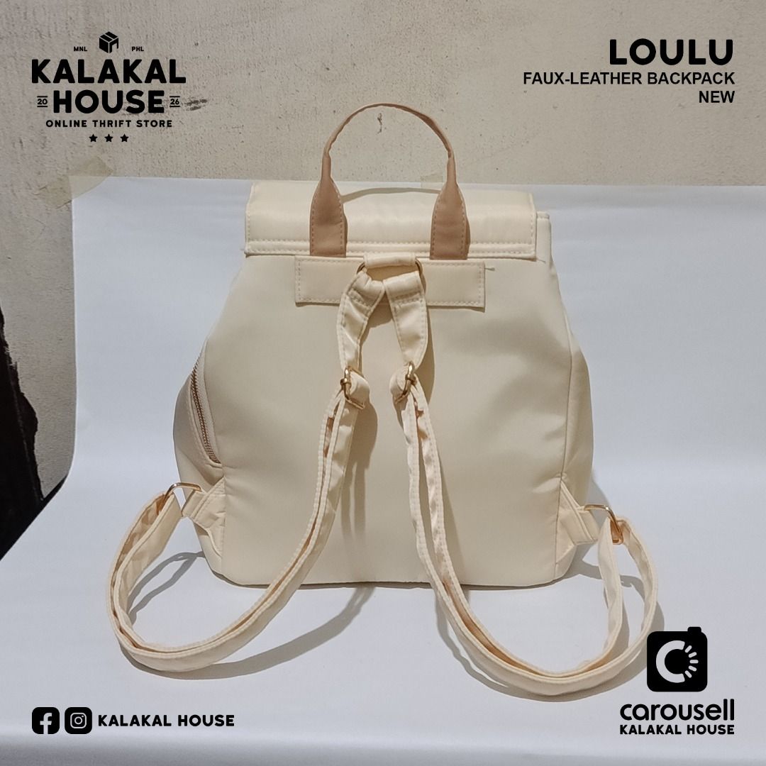 Loulu Faux-Leather Backpack (Category: Backpacks) located in Manila. Submitted by kalakalhouse (Listing ID 1459617462, Image 3). Description: LOULO FAUX-LEATHER BACKPACK SIZE: Side by side comparison with NEW ERA cap. Please see photo. CONDITION: New PRICE: ₱690.00 MEETUP: Sampaloc, Manila DELIVERY: J&T • Lalamove ISSUE: N/A NOTE 1: The background/environment and lighting in the first photo have been AI-generated or enhanced for presentation purp