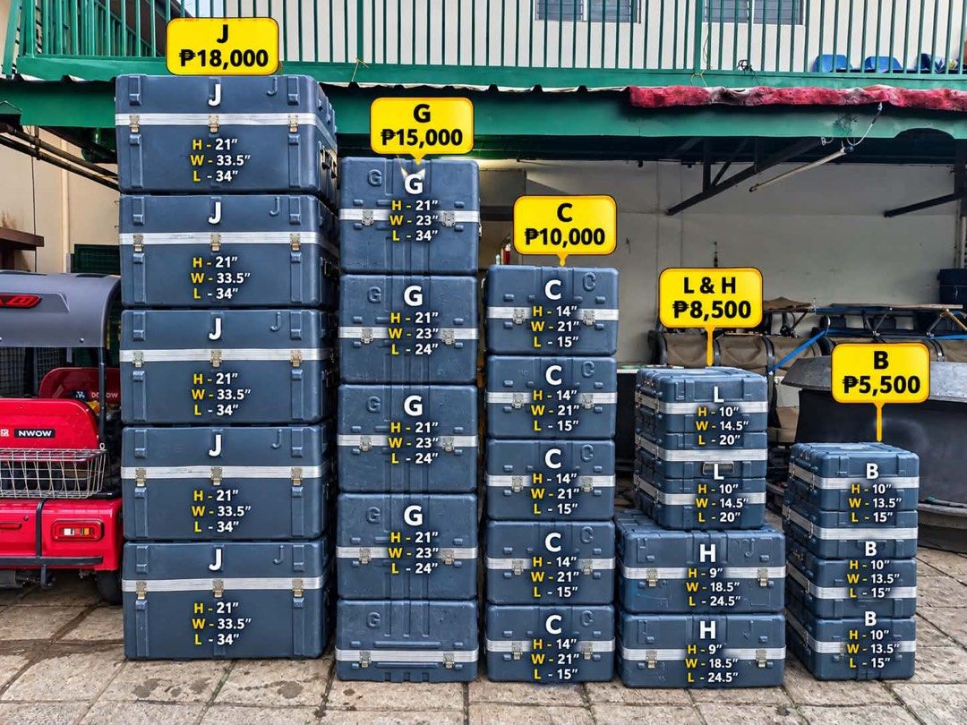Made in Germany Rotomolded Flight boxes Reusable (Category: Cases & Covers) located in Paranaque City. Submitted by kathbugho (Listing ID 1459561153, Image 3). Description: - Durable ATA flight cases perfect for transporting equipment. - Available in multiple sizes and labels: J, G, C, L, H, E, B. - Dimensions clearly labeled on each case. - Some cases have price tags attached. - Sturdy construction, built to last. - Contact us for specific size 