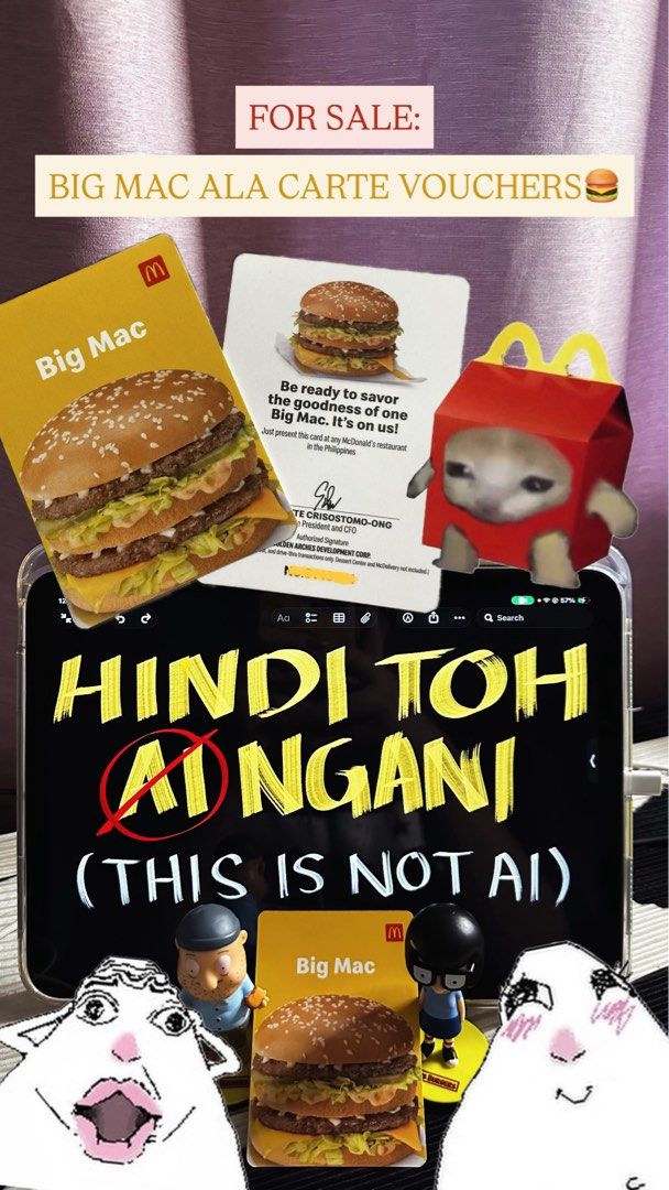McDonald's Big Mac Ala Carte Vouchers (Category: Other Food & Drinks) located in San Fernando. Submitted by khan_bns (Listing ID 1459543270, Image 1). Description: FOR SALE: BIG MAC ALA CARTE VOUCHERS •₱110 (1-4pcs), ₱99(5pcs&up) •ONE CARD = ONE BIG MAC •Claim through ANY branch (walk-in/drive-thru only) •NO EXPIRY RFS: ayaw ko magka gout eme, need funds for internship..