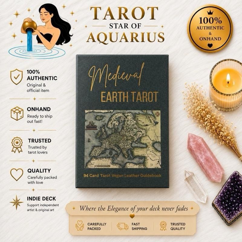 Medieval Earth by Libra Moons Inc - Limited Edition (Category: Storybooks) located in Bacoor. Submitted by tarotstarofaquarius (Listing ID 1459660886, Image 1). Description: 94 cards, 70mm x 120mm (2.75" x4.75") 400 GSM Art Paper, Matte Finish, with gold foil on one side and gold gilding 384 page Guidebook with dark green vegan leather with gold foil and gold foil edges - Contents includes the original art name, artist, year and story behind the 