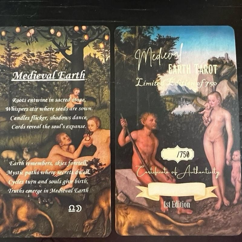 Medieval Earth by Libra Moons Inc - Limited Edition (Category: Storybooks) located in Bacoor. Submitted by tarotstarofaquarius (Listing ID 1459660886, Image 2). Description: 94 cards, 70mm x 120mm (2.75" x4.75") 400 GSM Art Paper, Matte Finish, with gold foil on one side and gold gilding 384 page Guidebook with dark green vegan leather with gold foil and gold foil edges - Contents includes the original art name, artist, year and story behind the 
