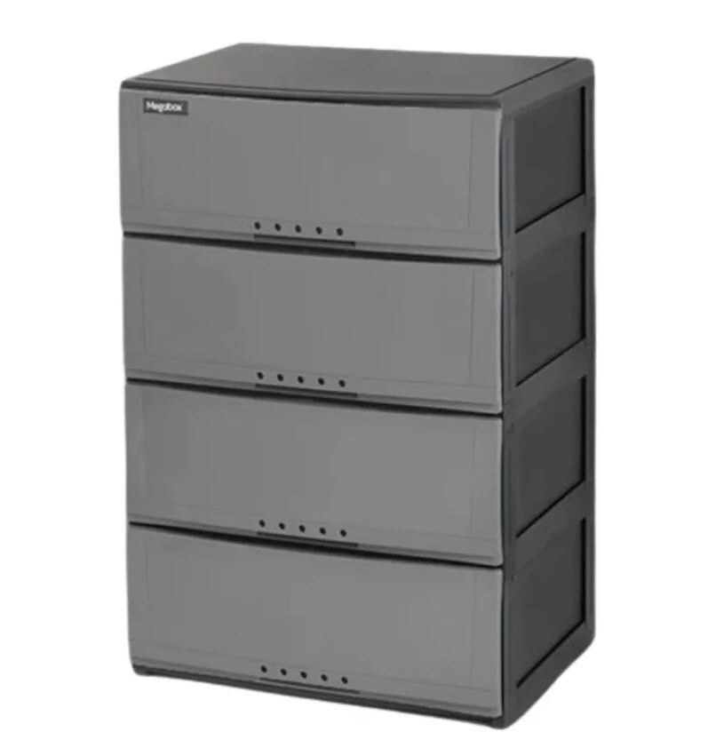 Megabox 4-Tier Storage Drawer Cabinet (Category: Shelves, Cabinets & Racks) located in Caloocan City. Submitted by angelantol58049 (Listing ID 1459504453, Image 1). Description: - Megabox 4-tier drawer cabinet - Dark grey frame with lighter grey drawers - Each drawer has 5 small grip holes - Ideal for organizing clothes, toys, or household items - Stackable design - Easy to assemble - bought at 2,800php in SM Shaw.