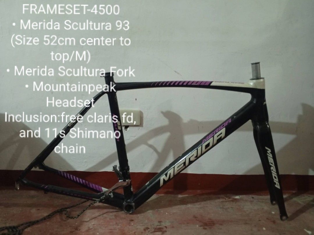 Merida Scultura 93 Frameset with FD, and Chain (Category: Bicycles) located in Calamba. Submitted by thrift2urfit (Listing ID 1459596556, Image 1). Description: - Merida Scultura 93 Frameset - Size: 52cm (Medium) - Includes Merida Scultura Fork - Includes Mountainpeak Headset - Free Claris Front Derailleur (FD) - Free 11-speed Shimano Chain - Ready for your custom bike build!.