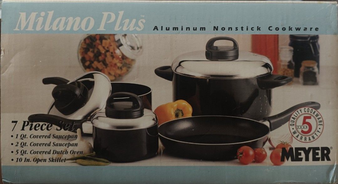Milano Plus Aluminum Nonstick Cookware 7 Piece Set Meyer (Category: Cookware & Accessories) located in Manila. Submitted by culilijaso27530 (Listing ID 1459512312, Image 1). Description: - Milano Plus 7-piece aluminum nonstick cookware set - Set includes: 1 Qt. covered saucepan, 2 Qt. covered saucepan, 5 Qt. covered Dutch oven, 10 in. open skillet - Features Teflon's® classic nonstick system for easy cooking and cleaning - Stainless steel lids wi