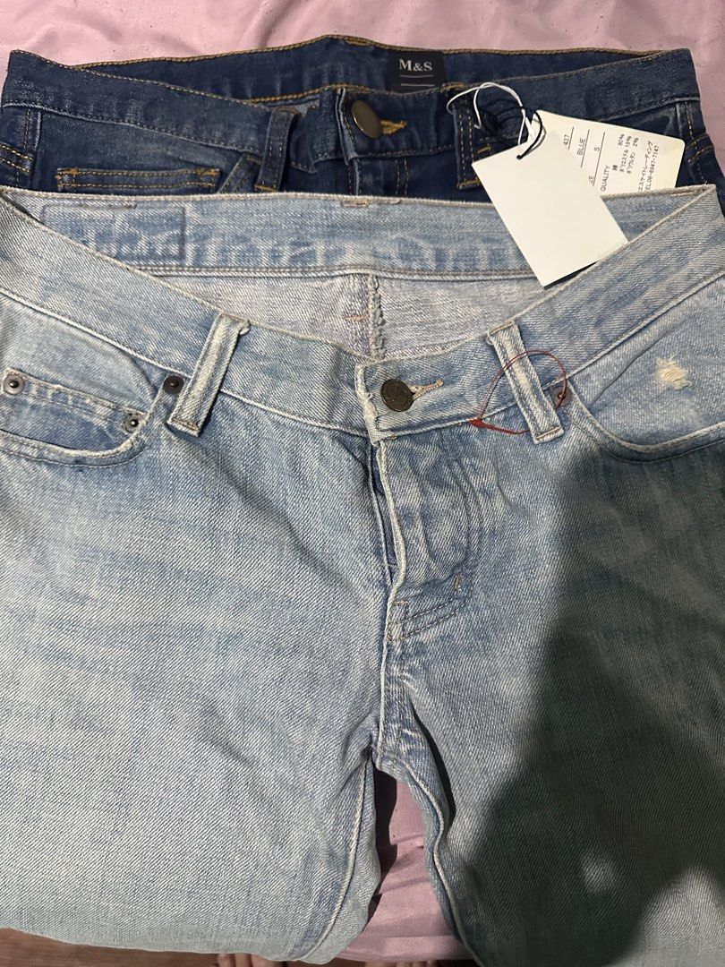 M&S Blue Denim and Jill Stuart Jeans (Category: Jeans) located in Caloocan City. Submitted by effervescent_ (Listing ID 1459500503, Image 1). Description: * Two pairs of denim jeans. * Jeans 1: Marks and Spenser in Small size with classic darker wash. Tags still attached. * Jeans 2: Jill Stuart in Size 4 or small in very good condition. Lighter wash denim with trendy distressed details. * Perfect for versatile, casual everyday wear. For the M&S j