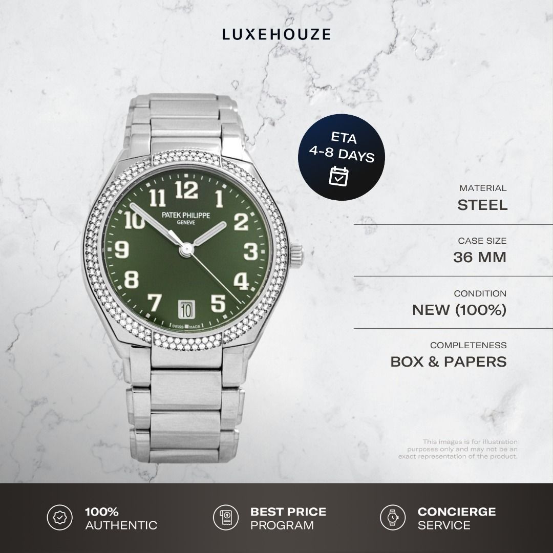New 2026 Patek Philippe Twenty~4 7300/1200A-011 Green (Category: Watches) located in Singapore. Submitted by luxehouze (Listing ID 1441850309, Image 1). Description: Luxehouze is your trusted marketplace to buy and sell luxury goods. Luxehouze SG Pte Ltd is a licensed luxury goods marketplace and regulated dealer. WHY US? 100% Authentic with Money-Back Guarantee Best Price Program* Curated Collection * T&Cs apply. OUR SERVICES • Watch Purchase - 