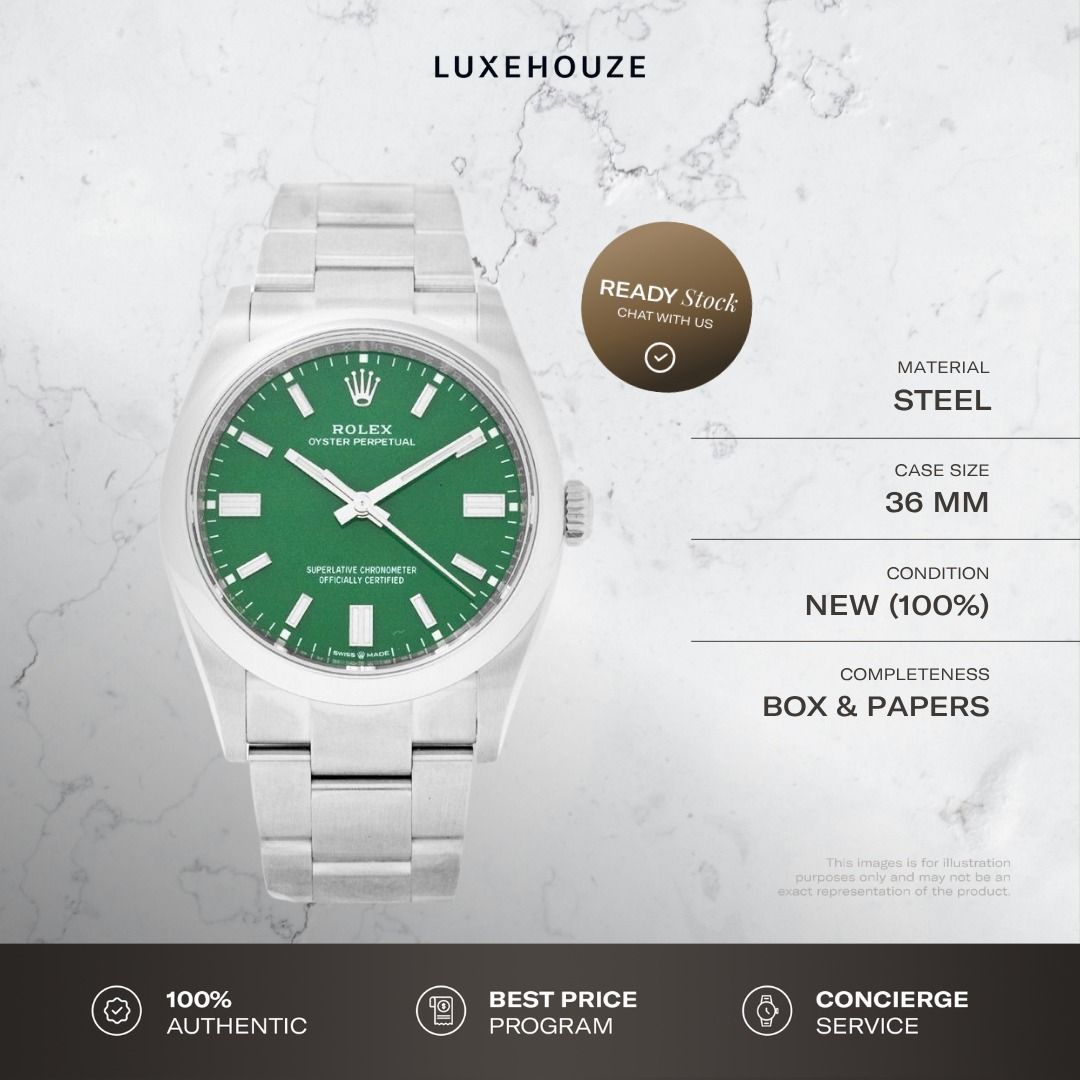 New Jun 2026 Rolex Oyster Perpetual 36 126000 Green Dial Oyster (Category: Watches) located in Singapore. Submitted by luxehouze (Listing ID 1458963998, Image 1). Description: Luxehouze is your trusted marketplace to buy and sell luxury goods. Luxehouze SG Pte Ltd is a licensed luxury goods marketplace and regulated dealer. WHY US? 100% Authentic with Money-Back Guarantee Best Price Program* Curated Collection * T&Cs apply. OUR SERVICES • Watch P