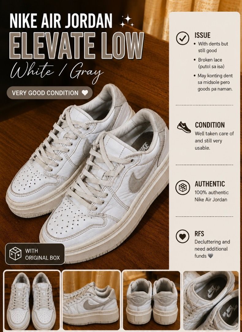 Nike Air Jordan 1 Elevate Low White Sneakers (Category: Sneakers) located in Caloocan City. Submitted by krizairah20 (Listing ID 1459652018, Image 1). Description: - White Air Jordan 1 Elevate Low - Classic design - Shows some signs of wear on soles and uppers - Laces are slightly dirty - Plenty of life left for casual wear.