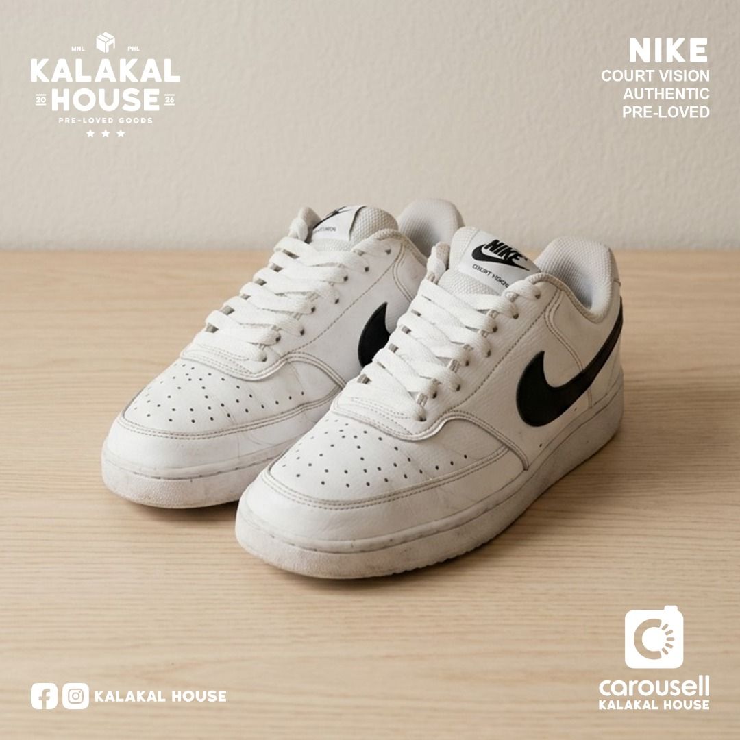 Nike Court Vision Low White (Category: Sneakers) located in Manila. Submitted by kalakalhouse (Listing ID 1459539189, Image 1). Description: NIKE SHOE - AVAILABLE!!! MODEL: Court Vision Low SIZE: UK 5 - See Last Photo CONDITION: Used / Good - No Box PRICE: ₱990.00 MEETUP: Sampaloc, Manila DELIVERY: J&T • Lalamove ISSUES: Minimal creasing. Needs deep cleaning. NOTE 1: The background/environment and lighting in the first photo have been AI-generate