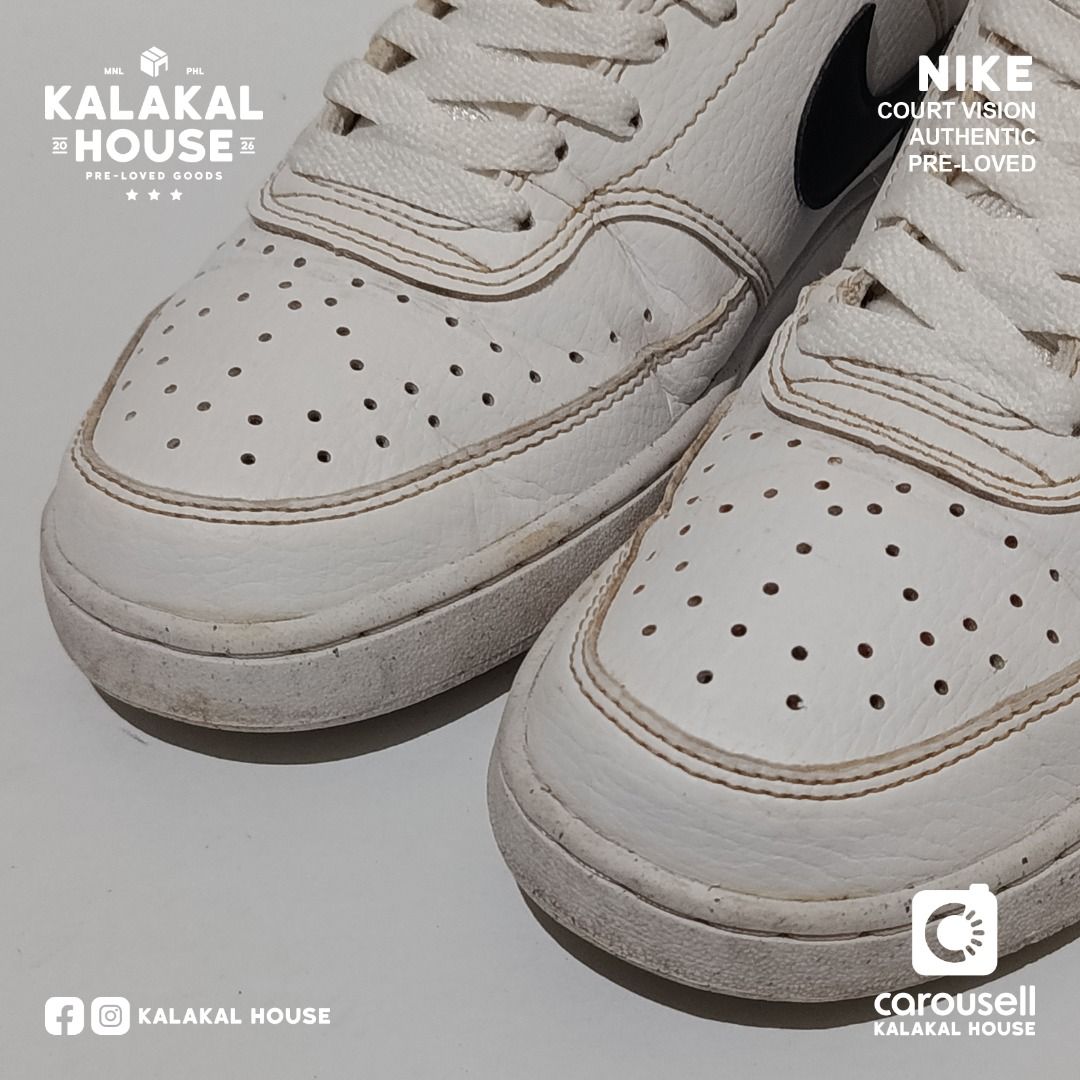 Nike Court Vision Low White (Category: Sneakers) located in Manila. Submitted by kalakalhouse (Listing ID 1459539189, Image 3). Description: NIKE SHOE - AVAILABLE!!! MODEL: Court Vision Low SIZE: UK 5 - See Last Photo CONDITION: Used / Good - No Box PRICE: ₱990.00 MEETUP: Sampaloc, Manila DELIVERY: J&T • Lalamove ISSUES: Minimal creasing. Needs deep cleaning. NOTE 1: The background/environment and lighting in the first photo have been AI-generate