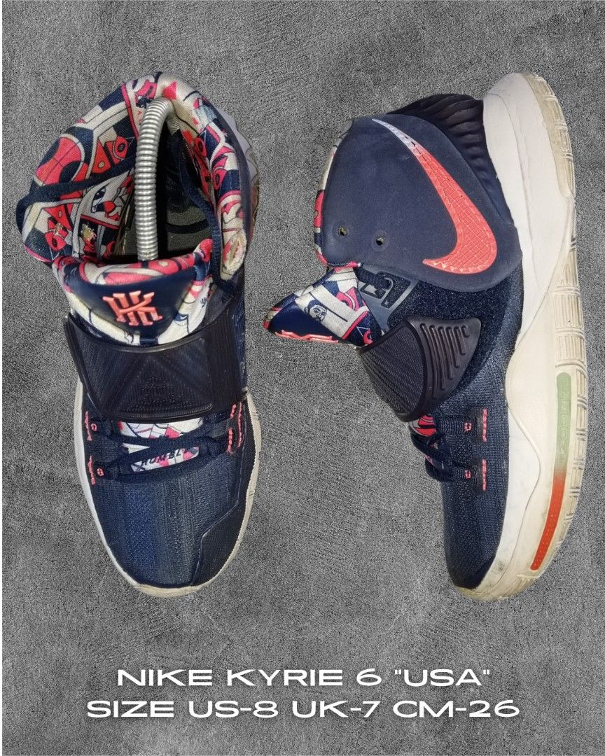 Nike Kyrie 6 "USA" US 8 (Category: Sneakers) located in Taytay. Submitted by ThriftRacks (Listing ID 1459635988, Image 1). Description: - Nike Kyrie 6 "USA" Basketball Shoes - Size: US 8 (UK 7, CM 26) - Color: Dark blue with red and white accents - Unique graphic print on inner lining and strap - Perfect for basketball or casual wear -issue as shown the photos.