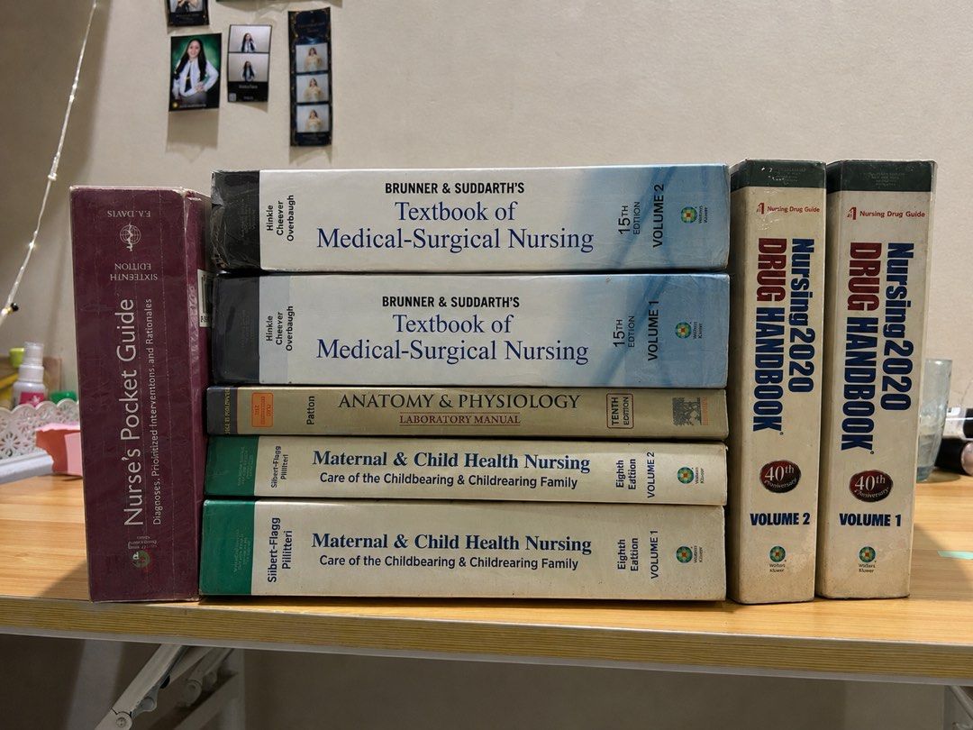 Nursing Textbooks and Drug Handbook Bundle (Category: Textbooks) located in Dumaguete. Submitted by kathiiieee (Listing ID 1459505971, Image 1). Description: - Bundle of essential nursing textbooks and drug handbooks. - Includes Brunner & Suddarth's Textbook of Medical-Surgical Nursing (Volumes 1 & 2). - Anatomy & Physiology Laboratory Manual included. - Maternal & Child Health Nursing (Volumes 1 & 2) are part of the bundle. - Nurse's Pocket Guid
