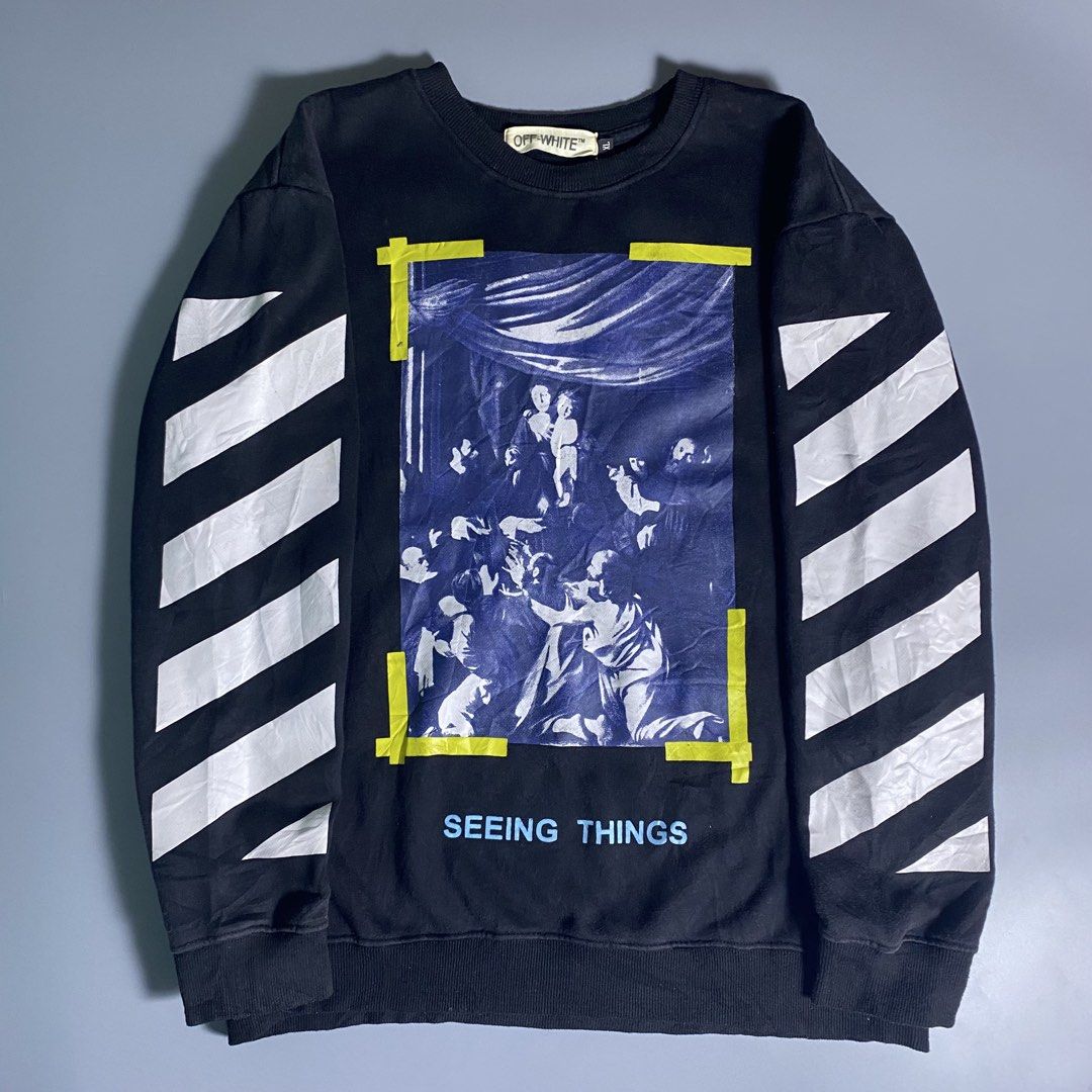 Off White “Seeing Things” Caravaggio Crewneck Sweatshirt (Category: Coats, Jackets and Outerwear) located in Manila. Submitted by knives.finds (Listing ID 1459677184, Image 2). Description: Off White 21.5 x 28 NEEDS WASH NO ISSUE 750 +SF .