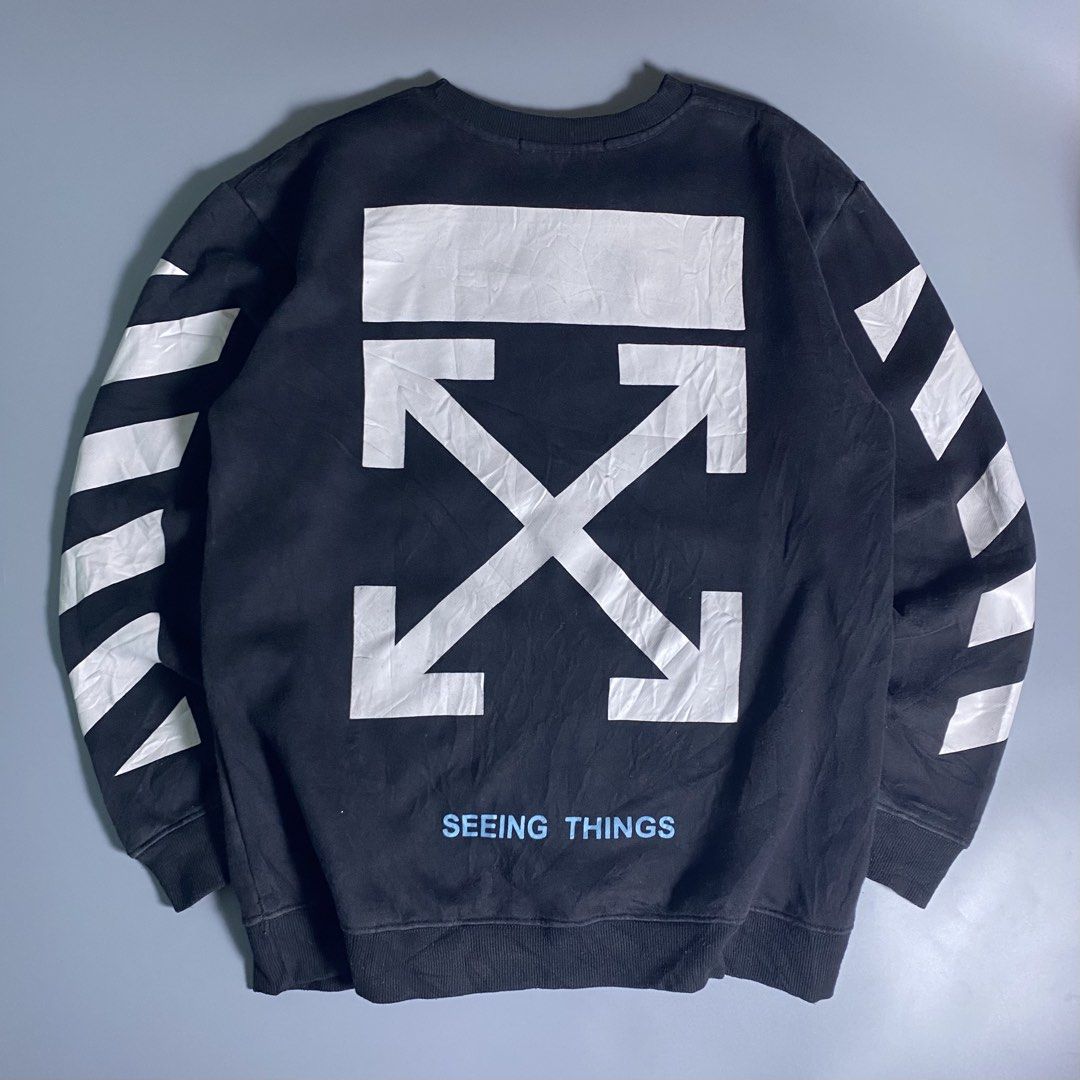 Off White “Seeing Things” Caravaggio Crewneck Sweatshirt (Category: Coats, Jackets and Outerwear) located in Manila. Submitted by knives.finds (Listing ID 1459677184, Image 3). Description: Off White 21.5 x 28 NEEDS WASH NO ISSUE 750 +SF .