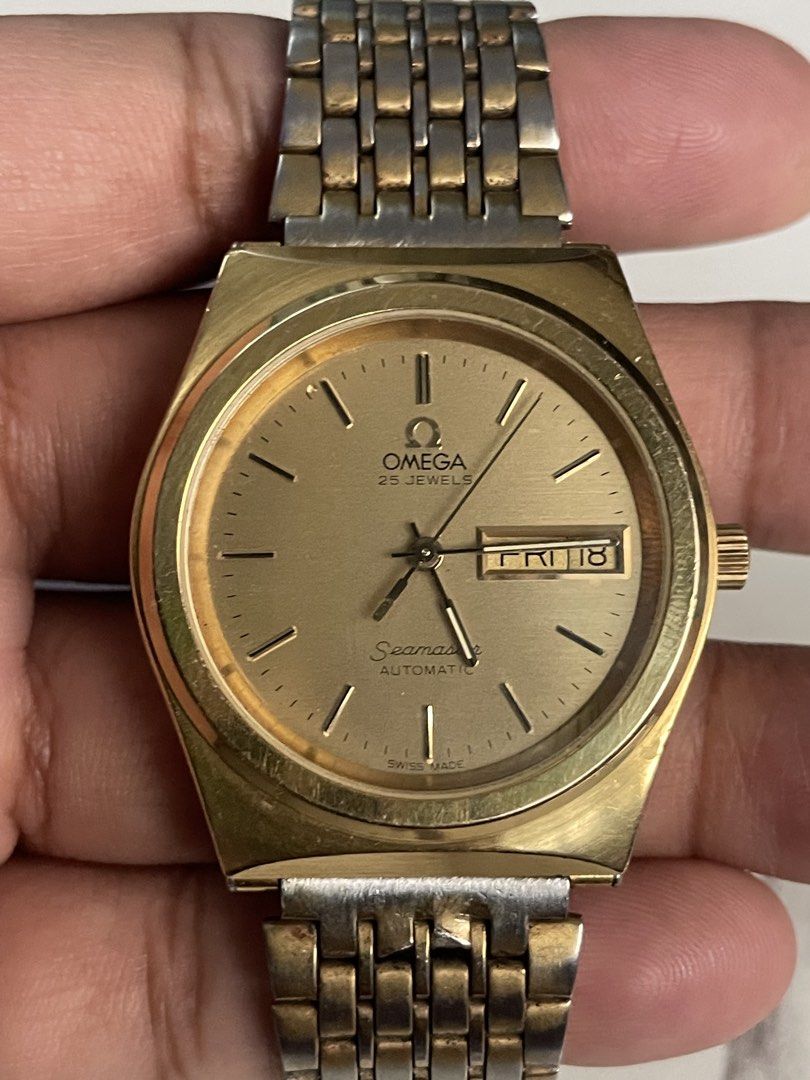 Omega Seamaster (Category: Luxury Watches) located in Taguig. Submitted by j_watches007 (Listing ID 1459532503, Image 2). Description: Authentic Secondhand ⌚ Vintage Omega Seamaster Swiss Made Automatic / Day & Date Gold tone case Stainless Steel Back case 35mm Omega Gold tone Bracelet 7’ inch plus wrist size “Watch Only” DISCLAIMER: IT’S OLD USED WATCHES EXPECT SOME SCRATCHES, SIGNS OF USED & PLEASE MANAGE YOUR EXPECTATIONS. THANK YOU. .