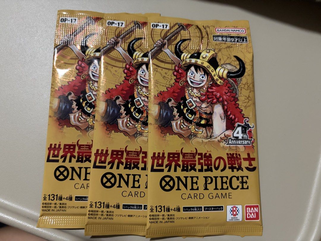 One Piece Card Game TCG OP-17 (Category: Game Gift Cards & Accounts) located in Quezon City. Submitted by ianfab (Listing ID 1459516208, Image 2). Description: Selling 3packs of One Piece Card Game OP-17 Price: ₱270 per pack / get all 3 packs for ₱790 Condition: brand new, sealed, unopened .
