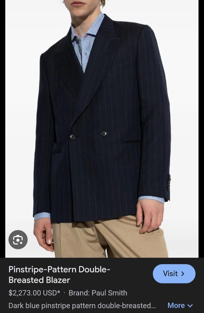 Paul Smith Men's Blue Pinstripe Double-Breasted Blazer (Category: Luxury Apparel) located in Manila. Submitted by PrinceDani.Clothing (Listing ID 1459664294, Image 1). Description: Paul smith x luigi botto navy blue pinstripes double breasted blazer Medium 21in width 29in length 17.5in shoulder 22.5in sleeves excellent condition .