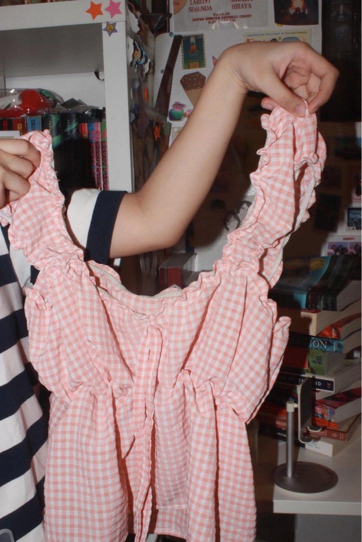 Pink Gingham Babydoll Top (Category: Blouses) located in Manila. Submitted by goldie.lockes (Listing ID 1459517118, Image 2). Description: - Small Gingham Babydoll Cropped Blouse - Lightweight fabric, ideal for summer Price is negotiable Goldie Lockes.