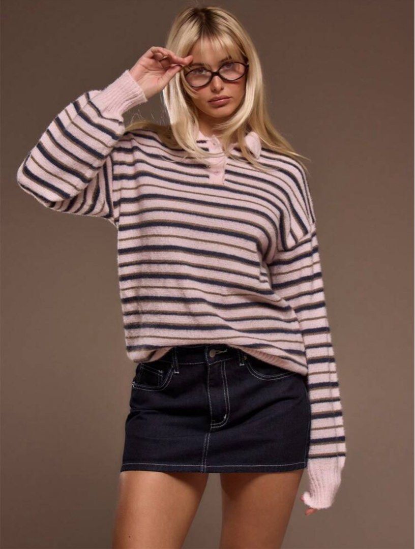 pink striped knit polo sweater top (Category: Longsleeves) located in Taytay. Submitted by bye_bye_stuff (Listing ID 1459540147, Image 1). Description: only used once rfs: need funds size: small see pic for exact measurements.