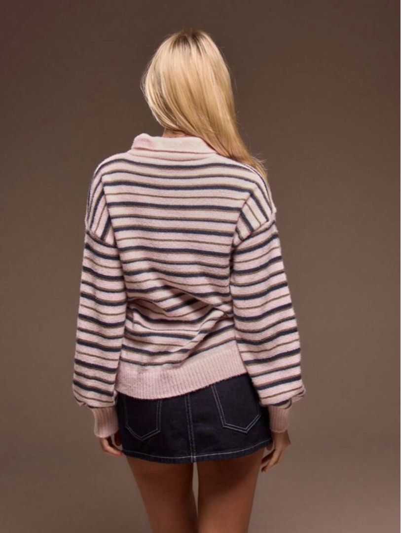 pink striped knit polo sweater top (Category: Longsleeves) located in Taytay. Submitted by bye_bye_stuff (Listing ID 1459540147, Image 2). Description: only used once rfs: need funds size: small see pic for exact measurements.
