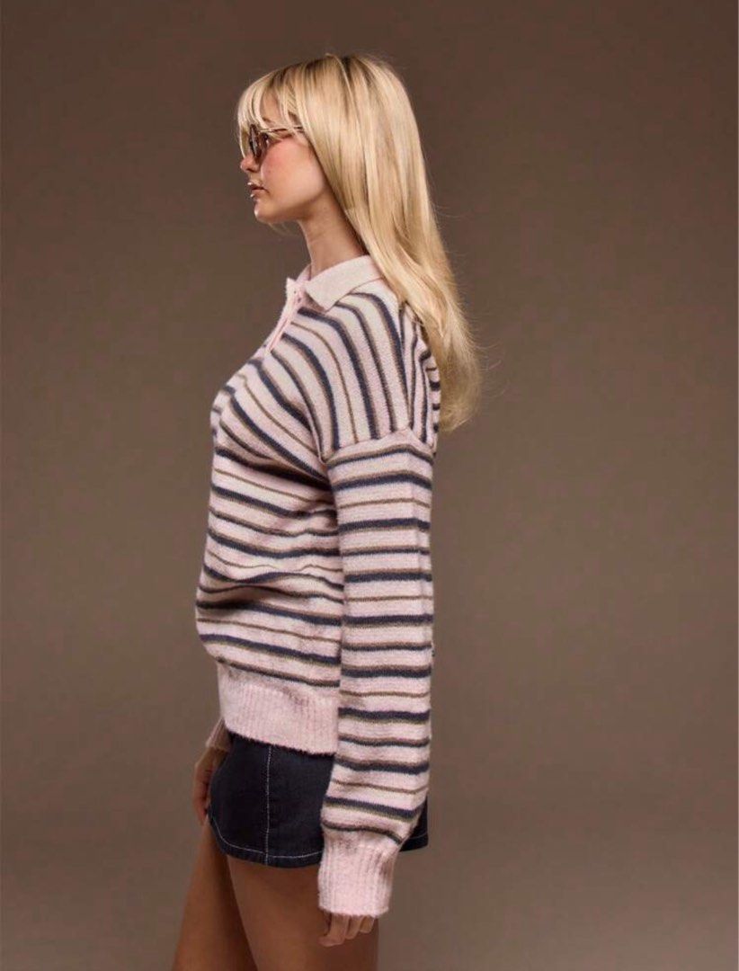 pink striped knit polo sweater top (Category: Longsleeves) located in Taytay. Submitted by bye_bye_stuff (Listing ID 1459540147, Image 3). Description: only used once rfs: need funds size: small see pic for exact measurements.