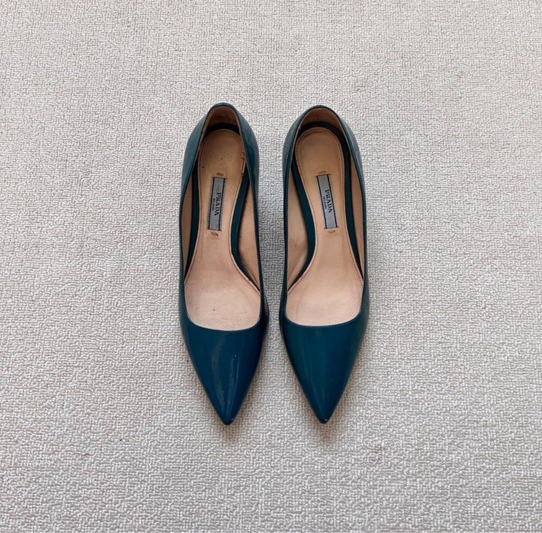 Prada Teal Patent Leather Kitten Heels Size 36 (Category: Sneakers & Footwear) located in Quezon City. Submitted by skinnyshopaholic (Listing ID 1459510775, Image 2). Description: - Brand: Prada - Material: Teal patent leather - Style: Kitten heels - Toe: Pointed - Heel Height: Approx. 2 inches - Origin: Made in Italy - Size: 36 - Condition: Some wear on heel tips and soles..