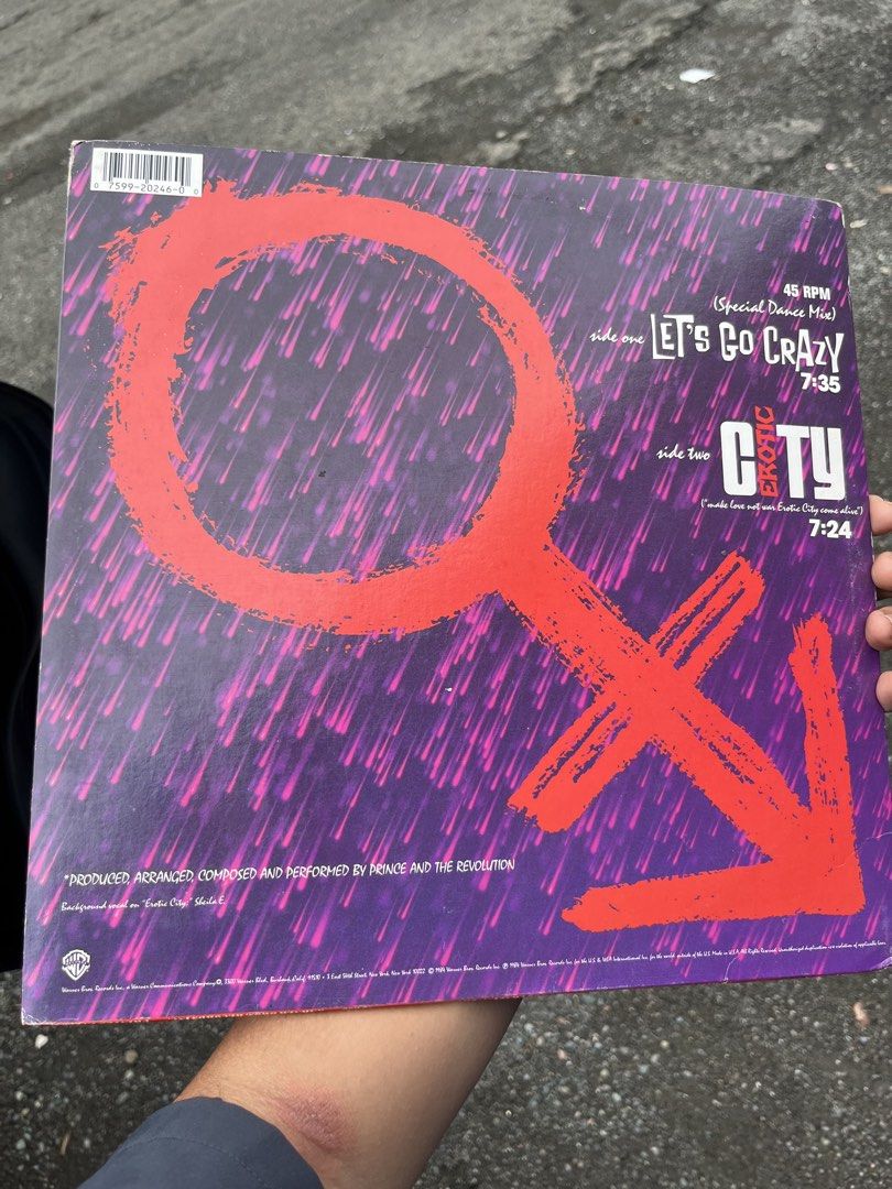 PRINCE AND THE REVOLUTION Let’s Go Crazy 12” (Category: Vinyls) located in Manila. Submitted by rosemaryclothing (Listing ID 1459618106, Image 2). Description: PRINCE AND THE REVOLUTION Let’s Go Crazy 12” Maxi-Single Tracklist: A Let’s Go Crazy (Special Dance Mix) B Erotic City (“Make Love Not War Erotic City Come Alive”) Backing Vocals [Background Vocal] – Sheila E. US pressing, 1984 Outer sleeve and Vinyl in Excellent condition.
