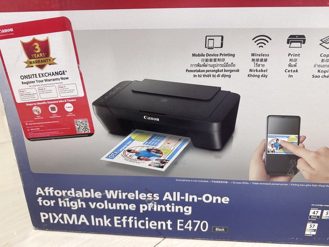 Printer canon E470 (Category: Printers, Scanners & Copiers) located in Kuala Lumpur. Submitted by lalalala87 (Listing ID 1459611019, Image 2). Description: Canon PIXMA E470 Wireless All-in-One Printer + A4 Paper Printer masih dalam keadaan sangat baik dan baru digunakan 2 kali sahaja. Nak let go sebab dah tidak digunakan. ✅ Canon PIXMA Ink Efficient E470 ✅ Wireless / WiFi printing ✅ Boleh print dari phone ✅ Print / Scan / Copy ✅ Sangat jarang dig