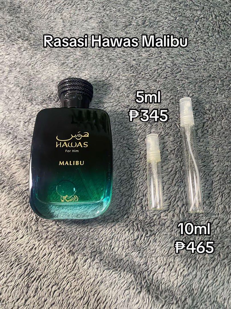 Rasasi Hawas Malibu (Decants Only) (Category: Fragrance & Deodorants) located in Bacolod City. Submitted by bnta_bounce (Listing ID 1459538390, Image 1). Description: 10ml - ₱465 5ml - ₱345.