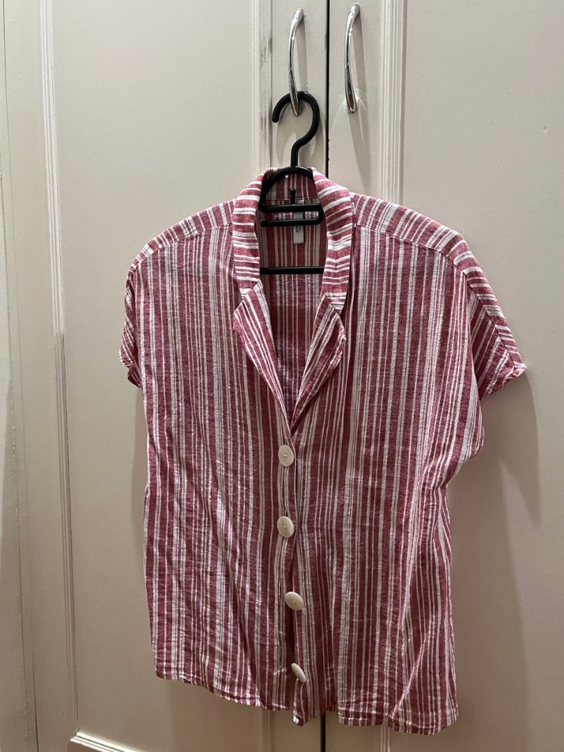 Red and White Striped Button-Up Shirt (Category: Shirts) located in Marikina City. Submitted by piaenrqz (Listing ID 1459664789, Image 1). Description: - Classic red and white vertical stripes. - Short sleeves. - Button-up front with collar. - Relaxed fit for comfort. - Ideal for casual outfits or layering. - PAYO through Gcash or Maya. - Strictly delivery only..