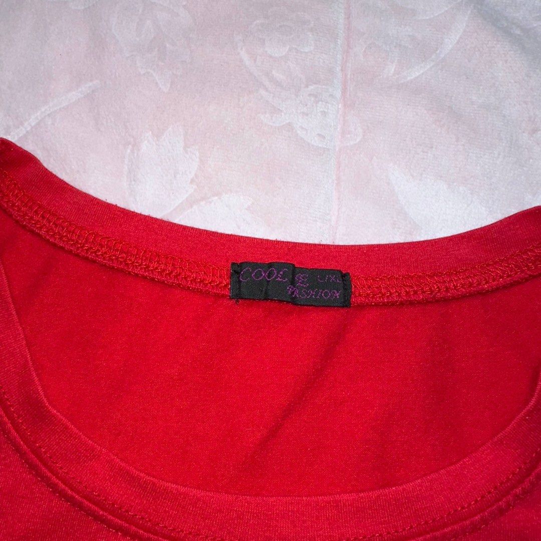 Red Rhinestone Fitted Tee (Category: Shirts) located in San Fernando. Submitted by rianne_von (Listing ID 1459613365, Image 3). Description: Size L on tag W: 16.5 in L: 20.5 in info: ✧ vibrant red fitted tee w/ statement handbag graphic + “FASHION” lettering ✧ multicolor rhinestone embellishments w/ sparkling chain detail for a Y2K look ✧ excellent thrifted condition; minimal discoloration observed, otherwise no major flaws ✧ color may vary sligh