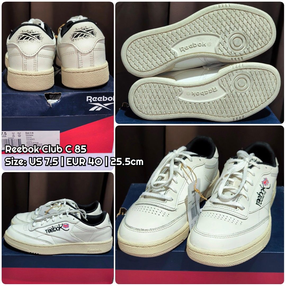 Reebok Club C 85 Unisex (Category: Sneakers) located in Paranaque City. Submitted by cherishop.ph (Listing ID 1459647472, Image 1). Description: - Reebok Club C 85 Sneakers - Size: US 7.5 / EUR 40 / 25.5cm - Includes original box - Ideal for everyday wear - Slightly used, pwede pa panregalo halos hindi nagamit..