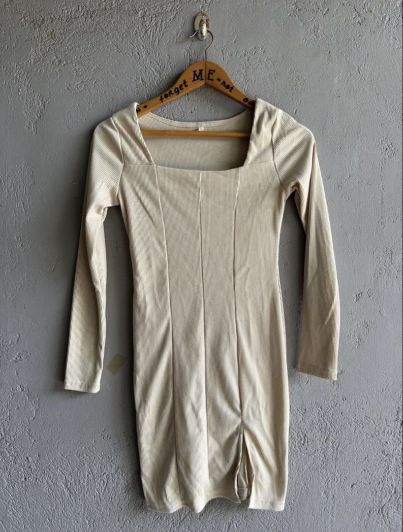 Ribbed Square Neck Long Sleeve Mini Dress (Category: Dresses) located in Binan City. Submitted by forgetmenot_ph (Listing ID 1459508393, Image 2). Description: - First photo is style inspo only, swipe for actual photos - Cream ribbed mini dress - Square neckline - Long sleeves - Bodycon fit - Side slit - Super flattering - Versatile for night out or casual day.